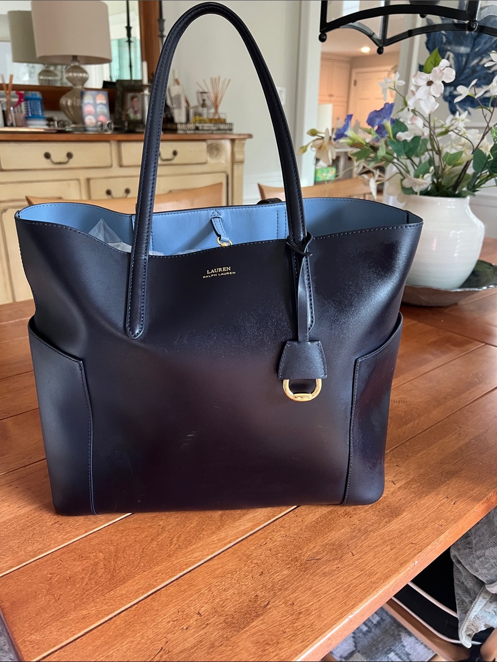 Lauren Ralph Lauren Navy Blue Leather Tote with Gold Accent leather bag large.